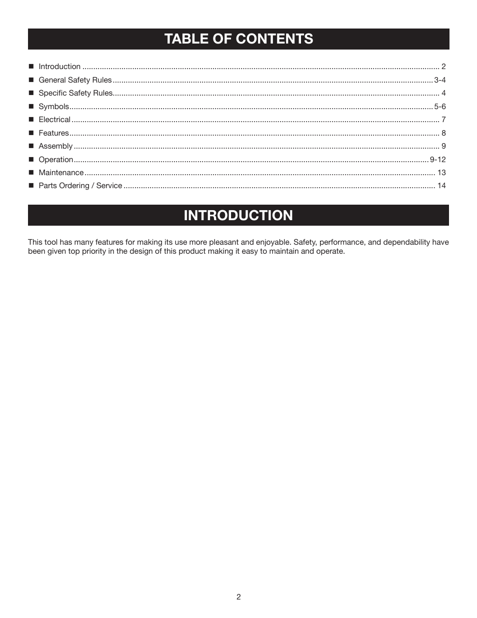 Table of contents introduction | Ryobi CFS1502 User Manual | Page 2 / 14