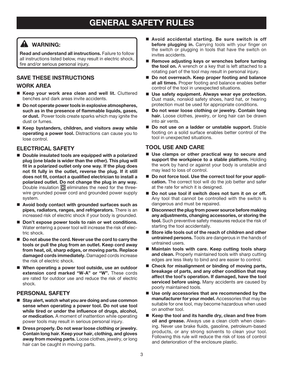 General safety rules | Ryobi CFS1502 User Manual | Page 3 / 14