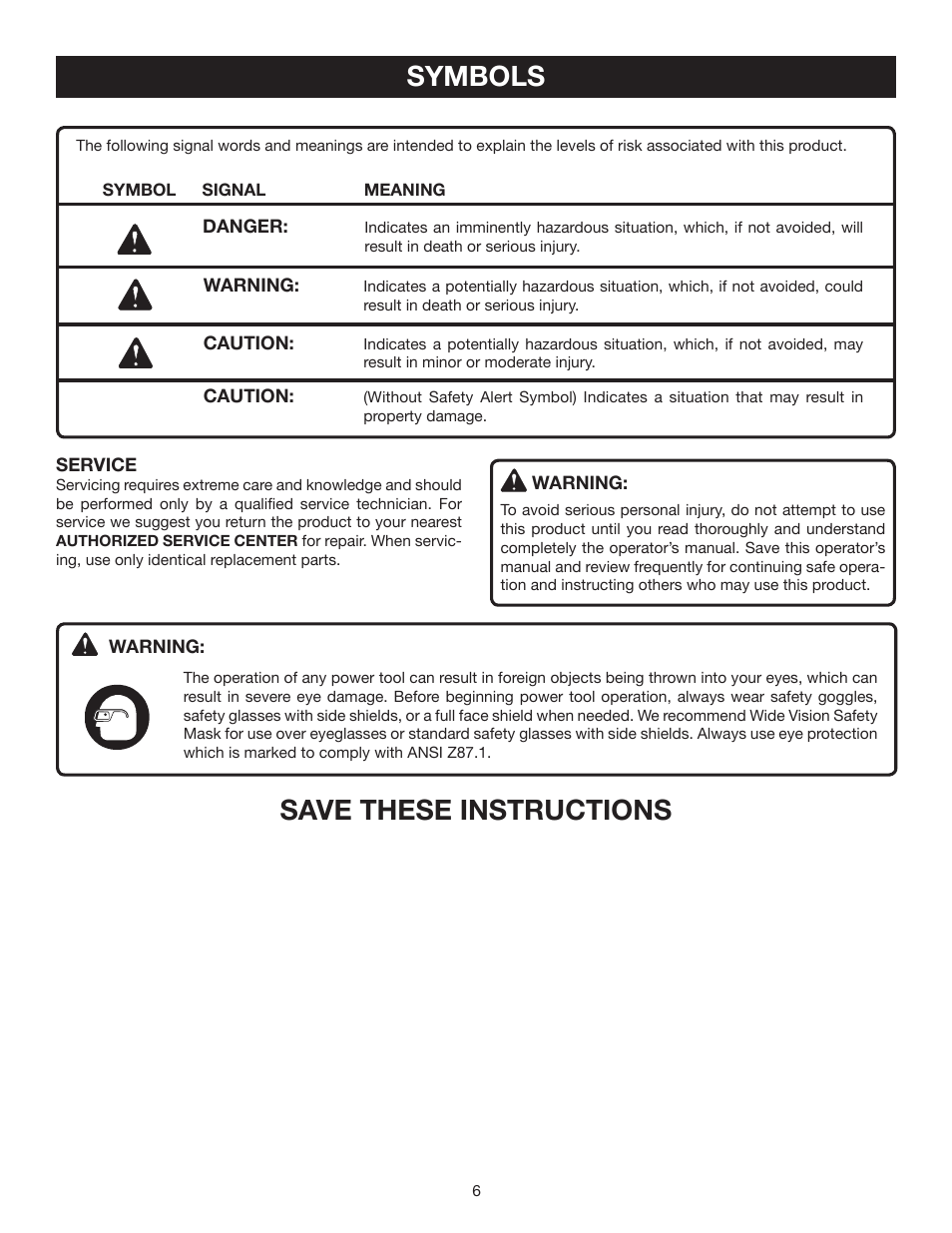 Symbols, Save these instructions | Ryobi CFS1502 User Manual | Page 6 / 14