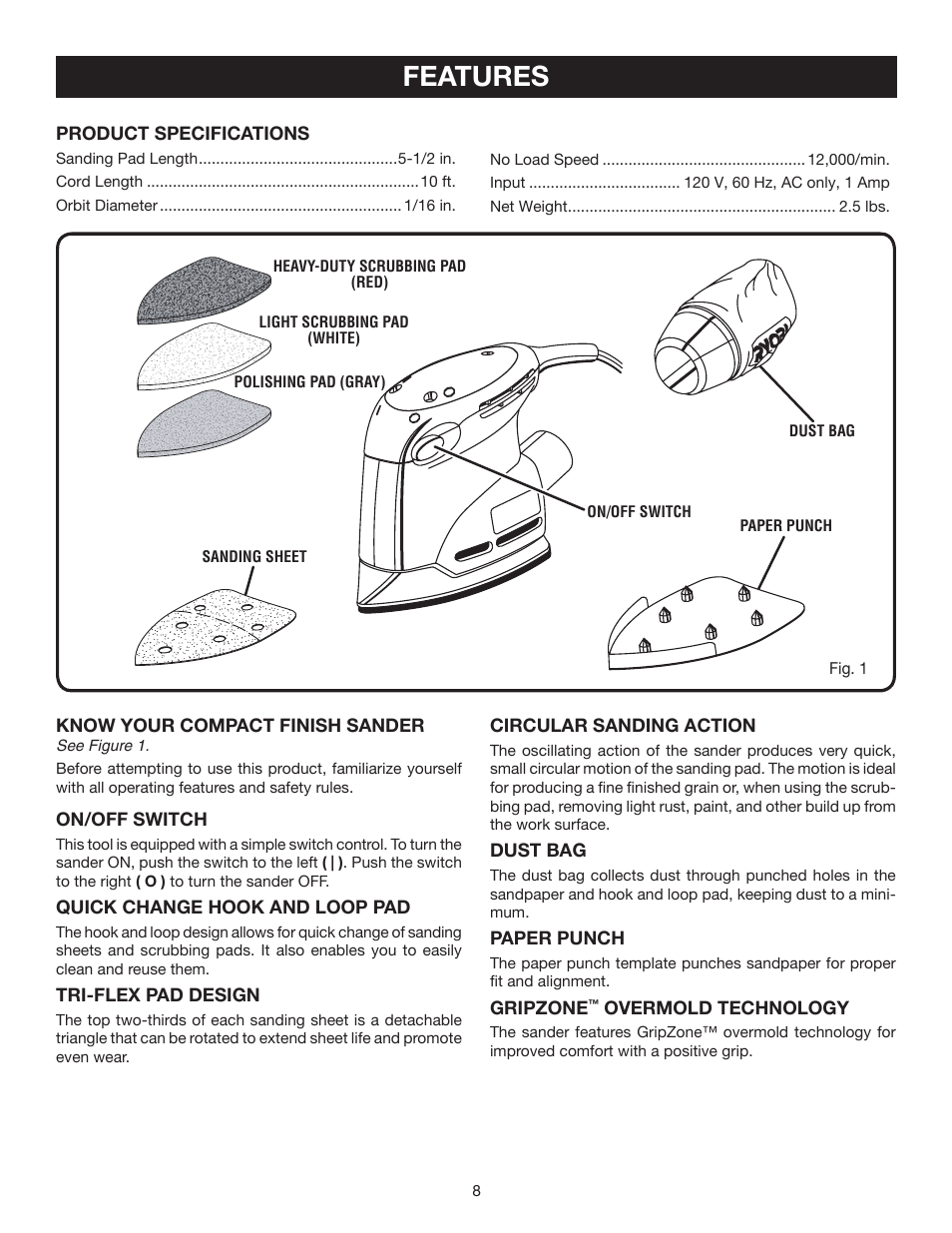 Features | Ryobi CFS1502 User Manual | Page 8 / 14