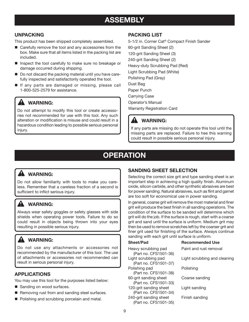 Assembly, Operation | Ryobi CFS1502 User Manual | Page 9 / 14
