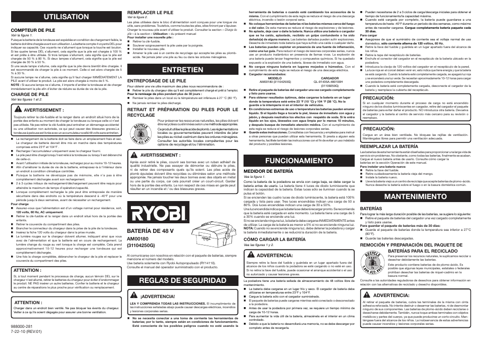 Utilisation, Entretien, Reglas de seguridad | Funcionamiento, Mantenimiento, Batería de 48 v | Ryobi AM00180 User Manual | Page 2 / 2