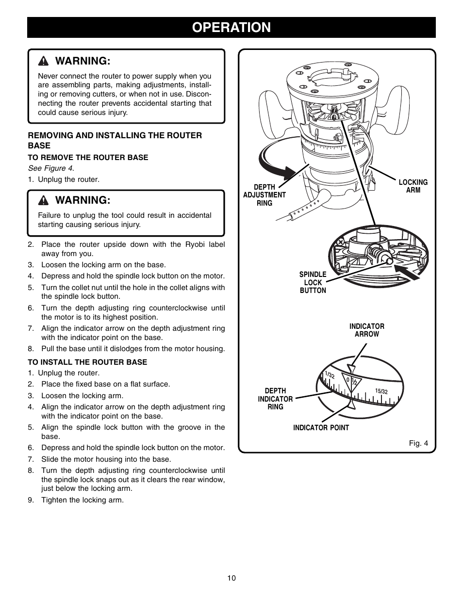 Operation, Warning | Ryobi R1801M User Manual | Page 10 / 20