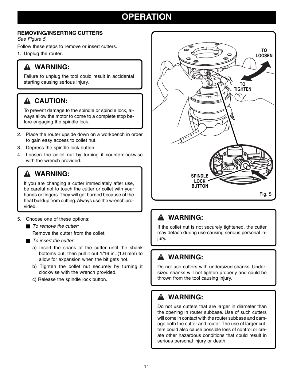 Operation, Warning, Caution | Ryobi R1801M User Manual | Page 11 / 20