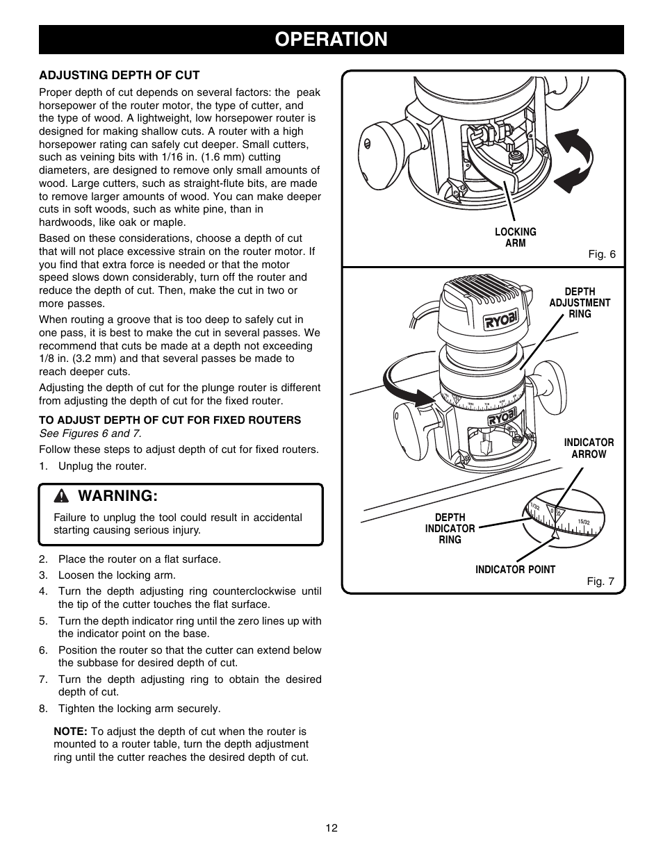 Operation, Warning | Ryobi R1801M User Manual | Page 12 / 20