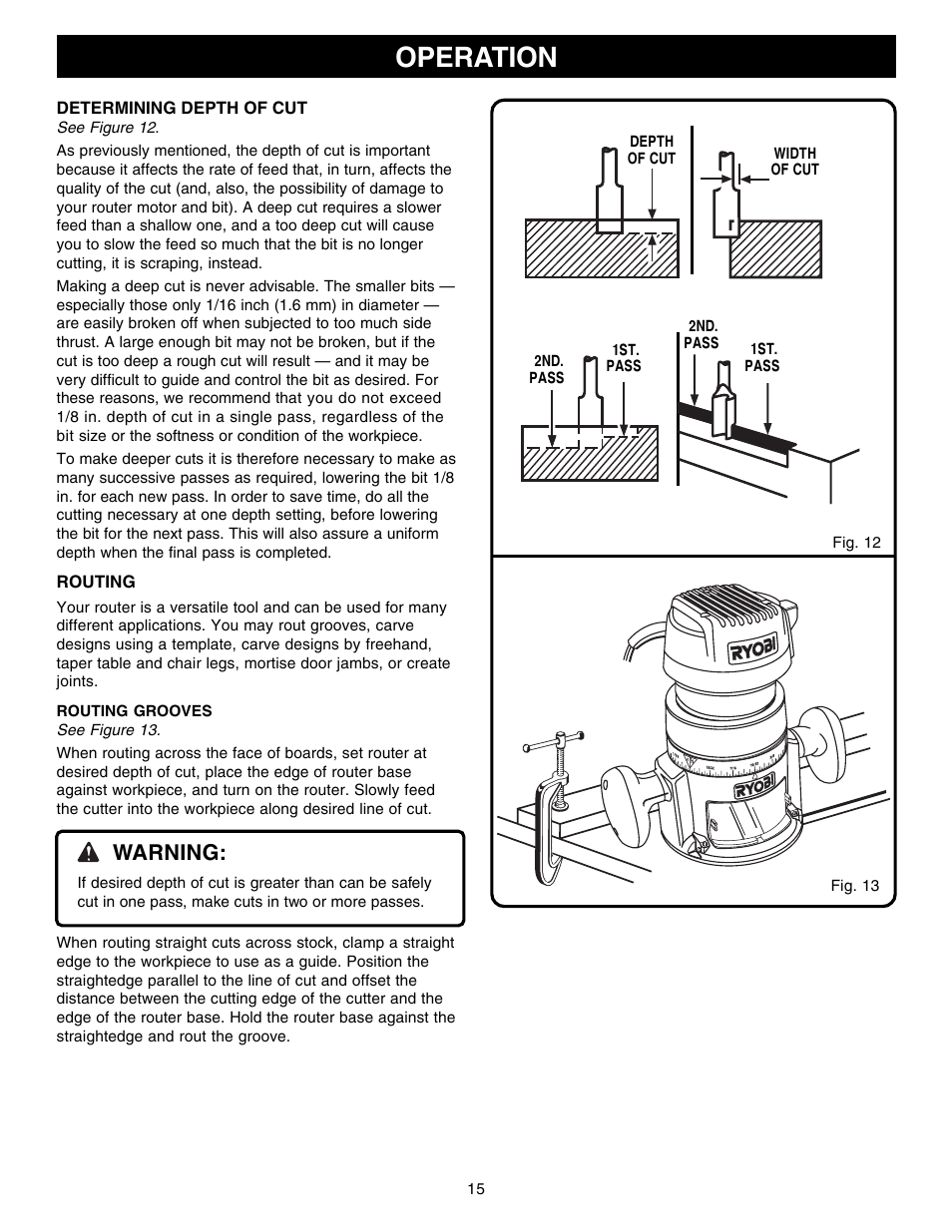 Operation, Warning | Ryobi R1801M User Manual | Page 15 / 20