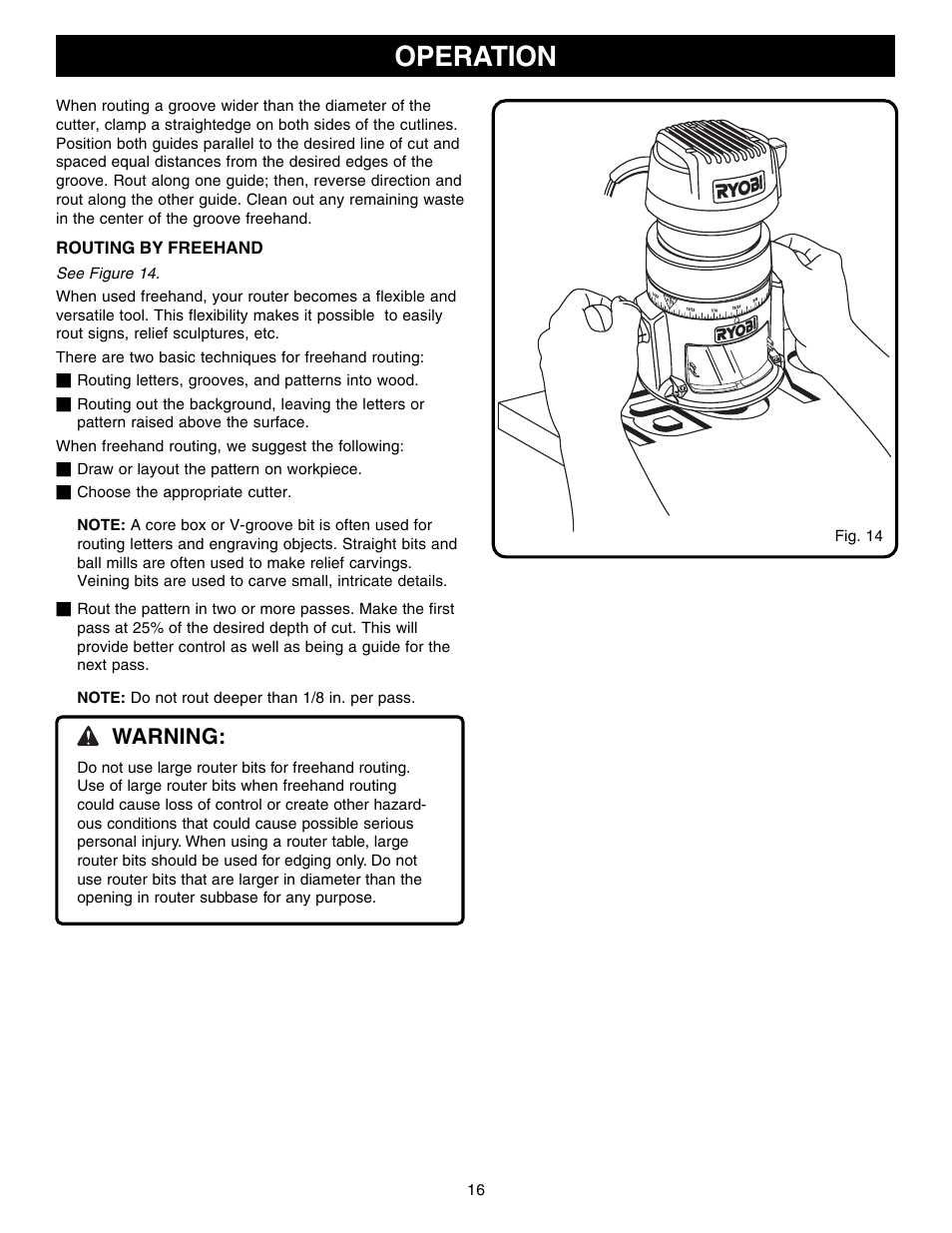 Operation, Warning | Ryobi R1801M User Manual | Page 16 / 20