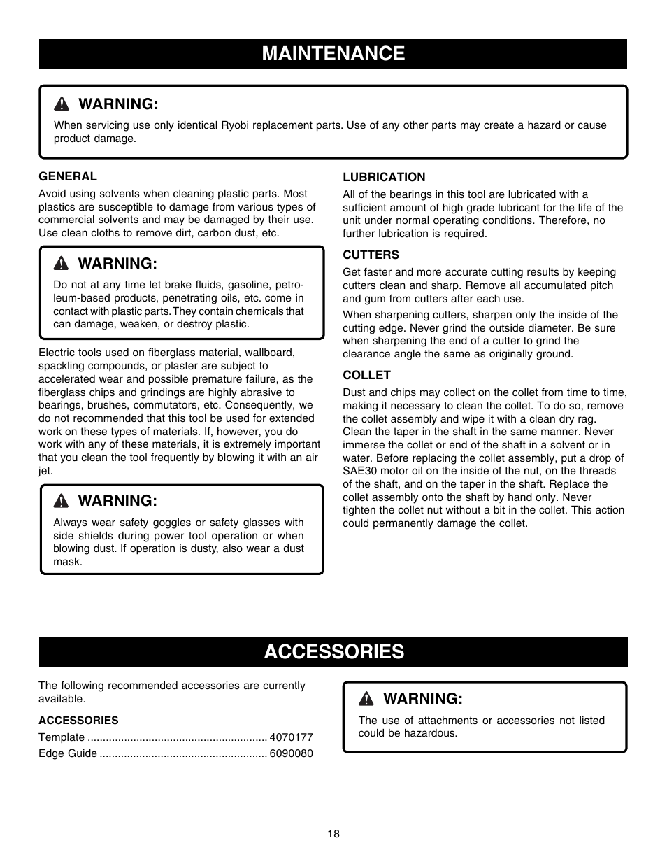 Accessories, Maintenance | Ryobi R1801M User Manual | Page 18 / 20