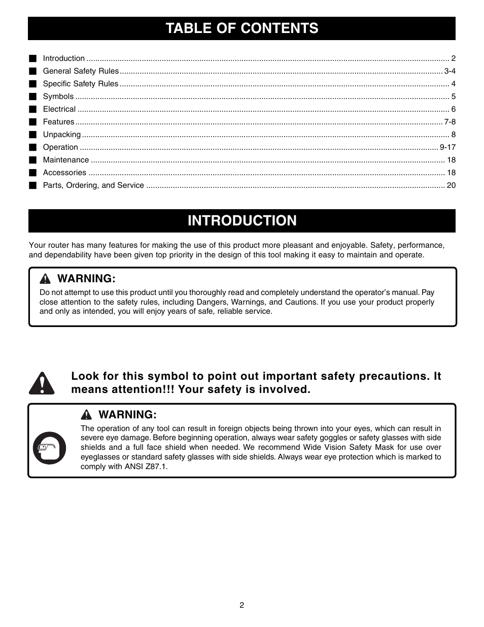 Table of contents introduction | Ryobi R1801M User Manual | Page 2 / 20