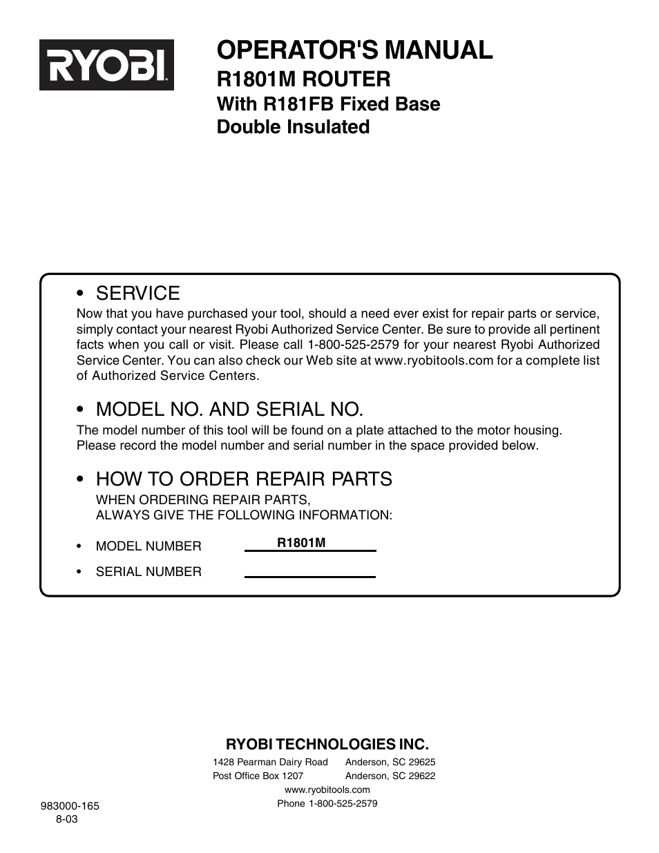 Operator's manual, R1801m router, Service | Model no. and serial no, How to order repair parts, With r181fb fixed base double insulated | Ryobi R1801M User Manual | Page 20 / 20