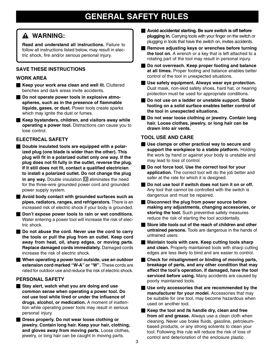 General safety rules, Warning | Ryobi R1801M User Manual | Page 3 / 20