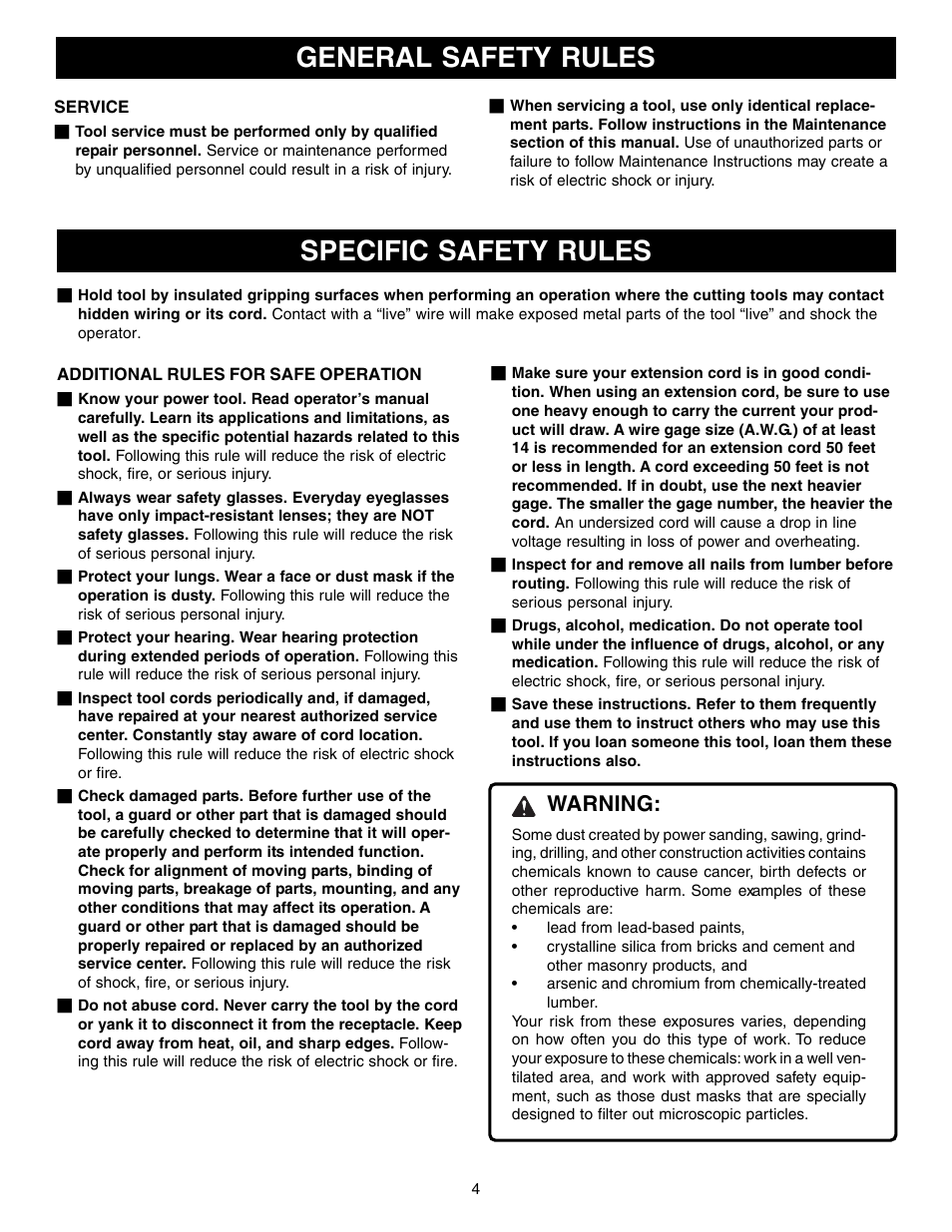 Specific safety rules, General safety rules, Warning | Ryobi R1801M User Manual | Page 4 / 20