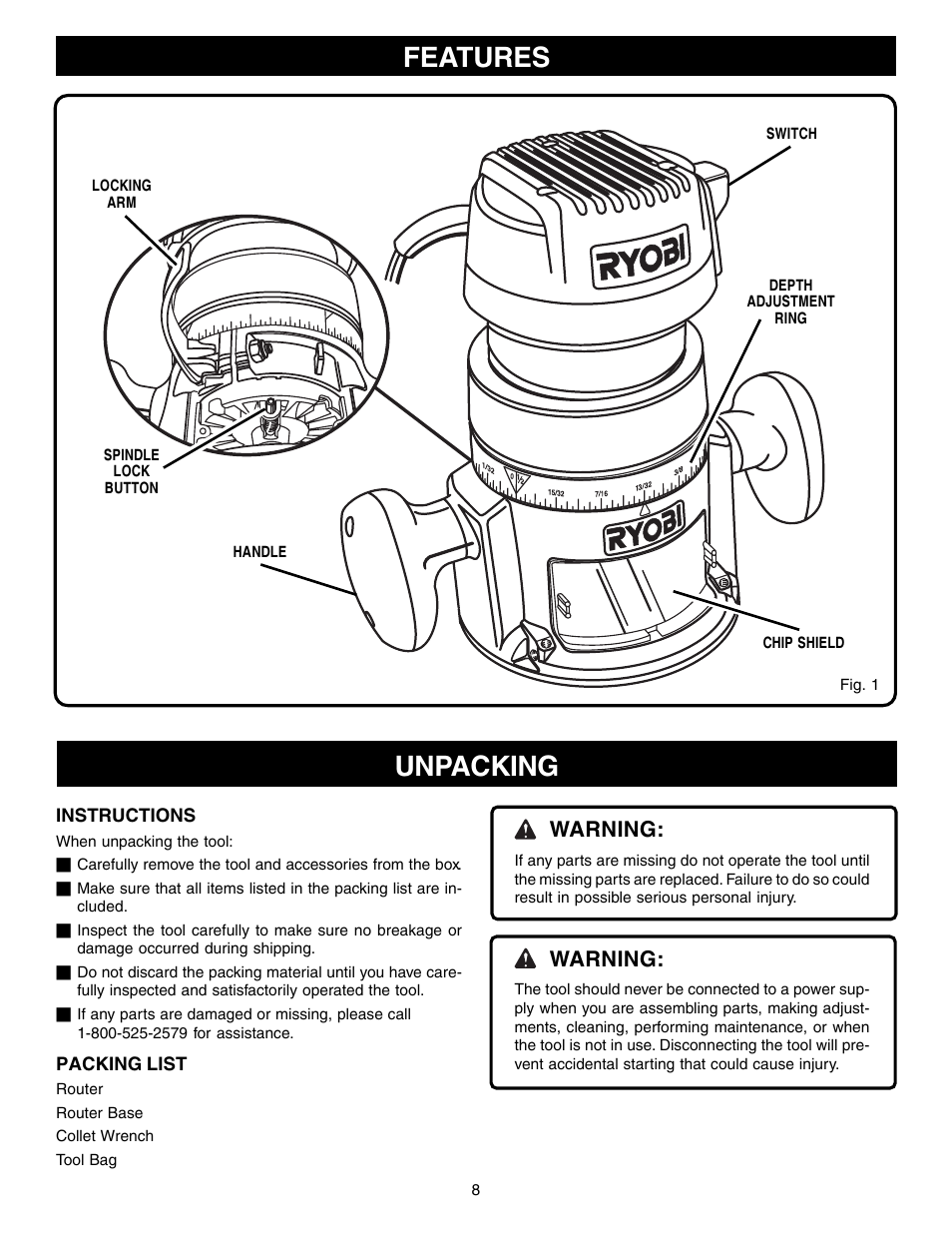 Features, Unpacking, Warning | Ryobi R1801M User Manual | Page 8 / 20