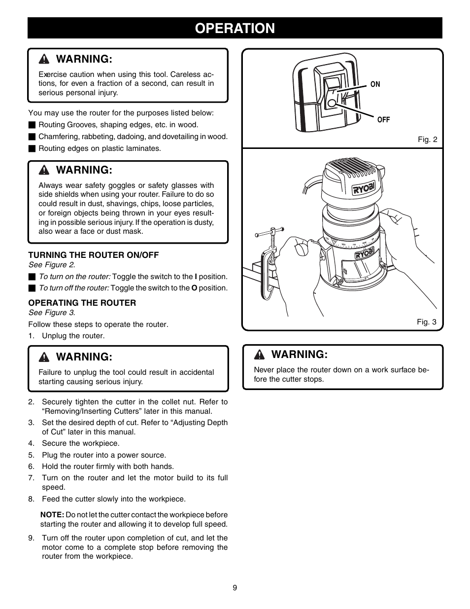 Operation, Warning | Ryobi R1801M User Manual | Page 9 / 20