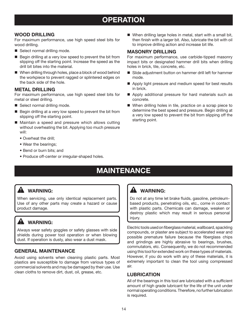Operation, Maintenance | Ryobi D552HK User Manual | Page 14 / 16