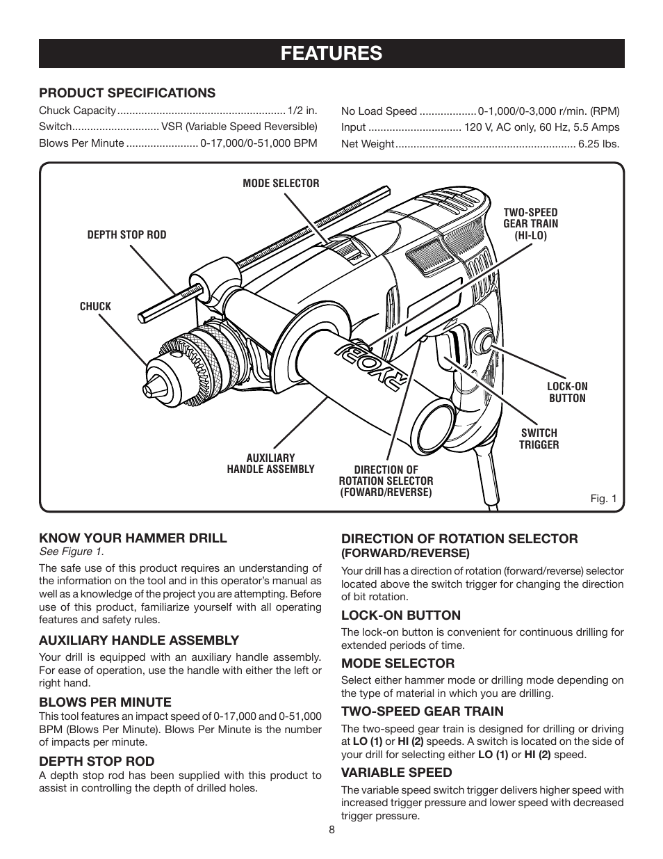 Features | Ryobi D552HK User Manual | Page 8 / 16