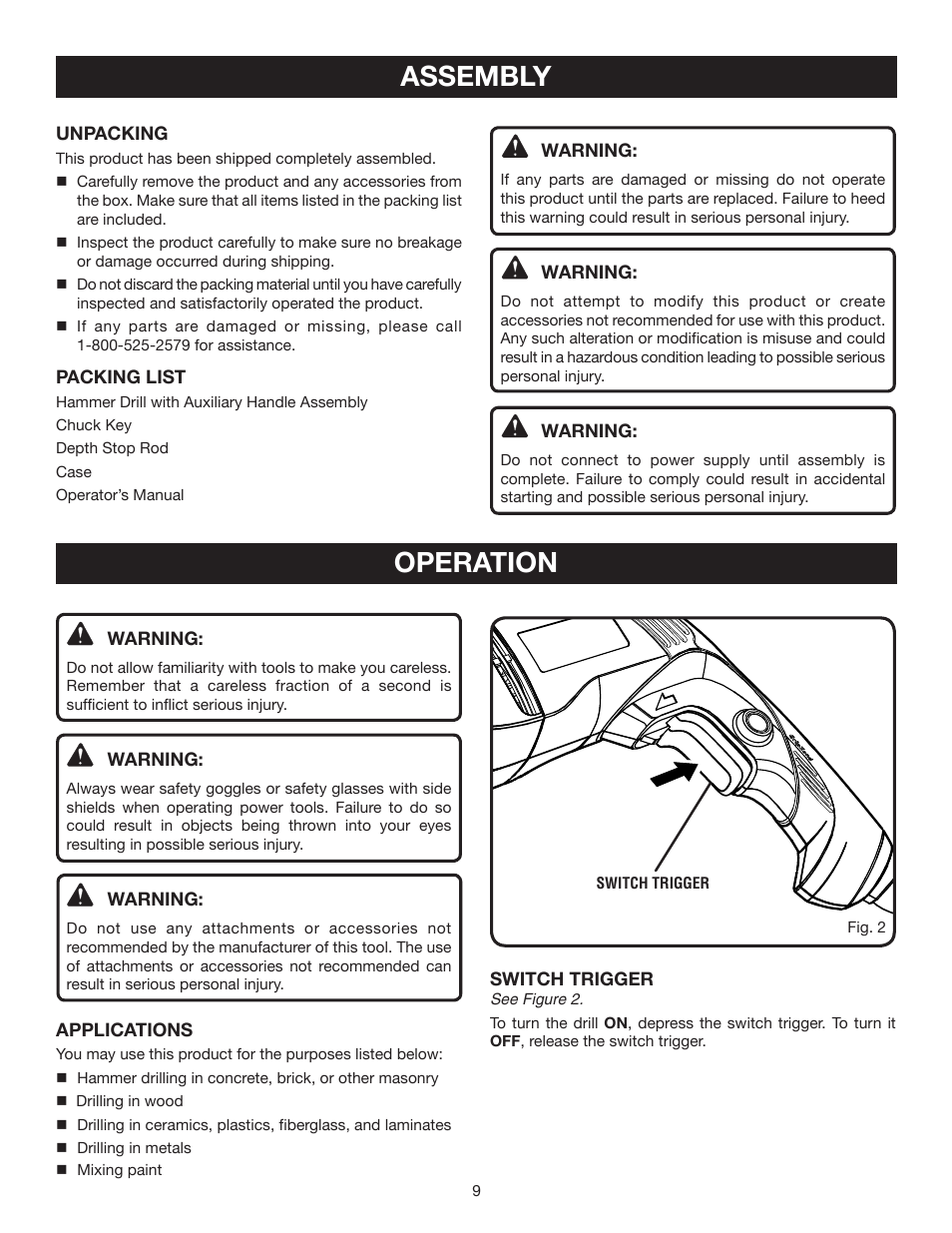 Assembly, Operation | Ryobi D552HK User Manual | Page 9 / 16