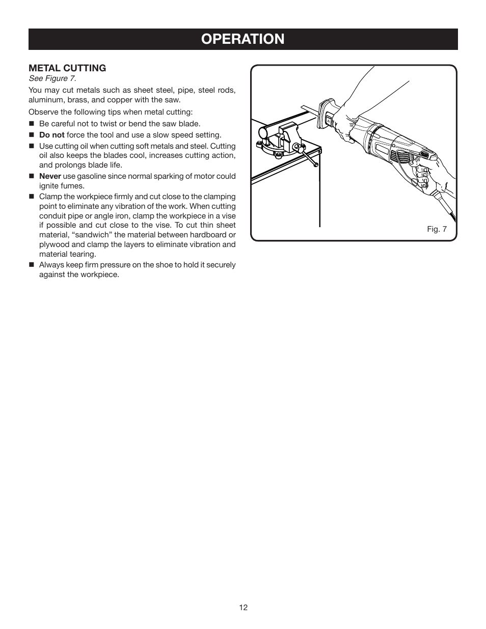 Operation | Ryobi RJ165V User Manual | Page 12 / 14