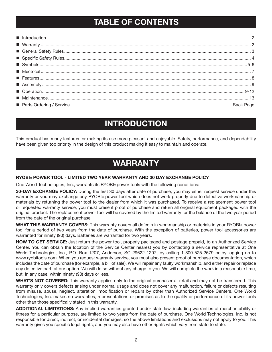 Table of contents introduction, Warranty | Ryobi RJ165V User Manual | Page 2 / 14