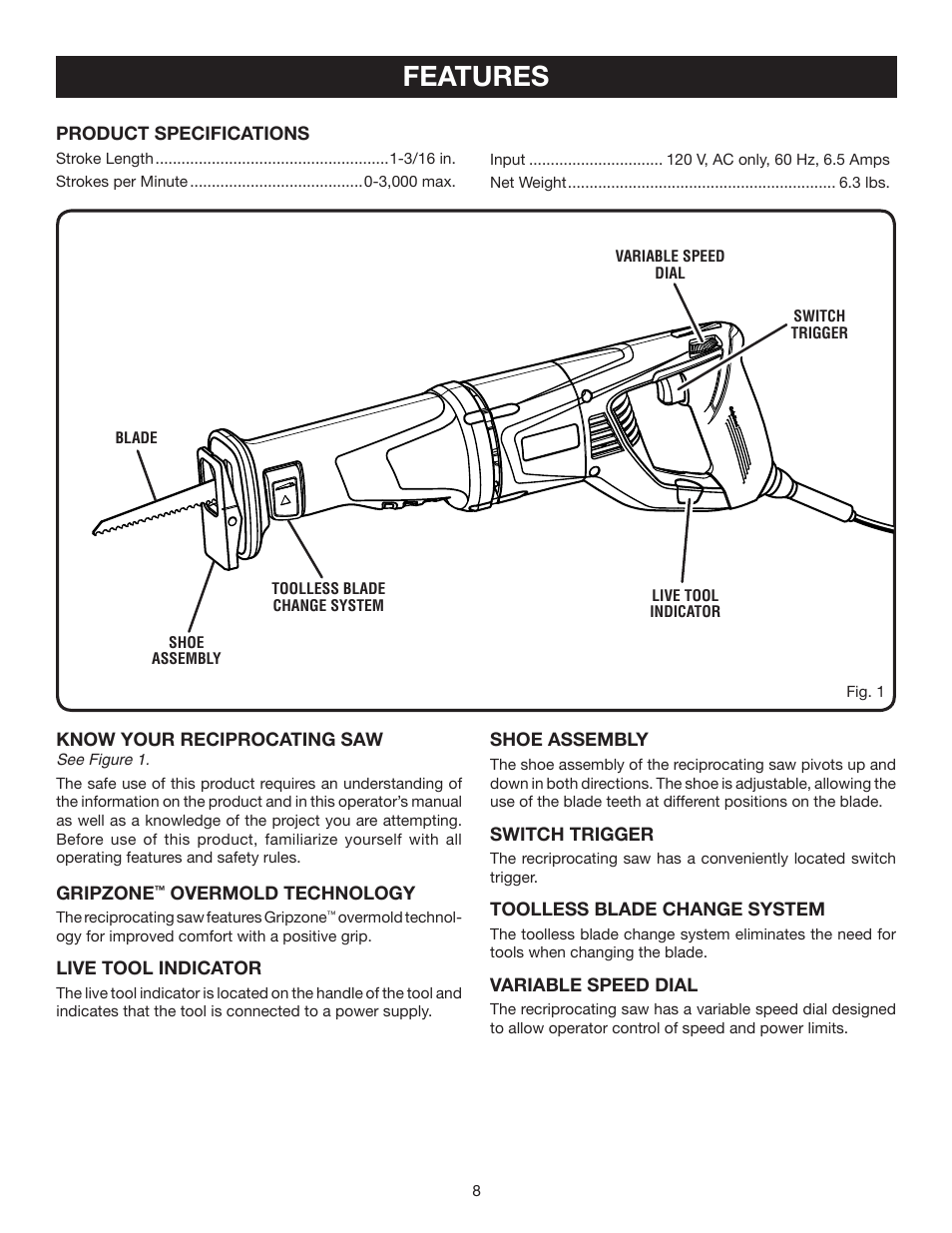 Features | Ryobi RJ165V User Manual | Page 8 / 14