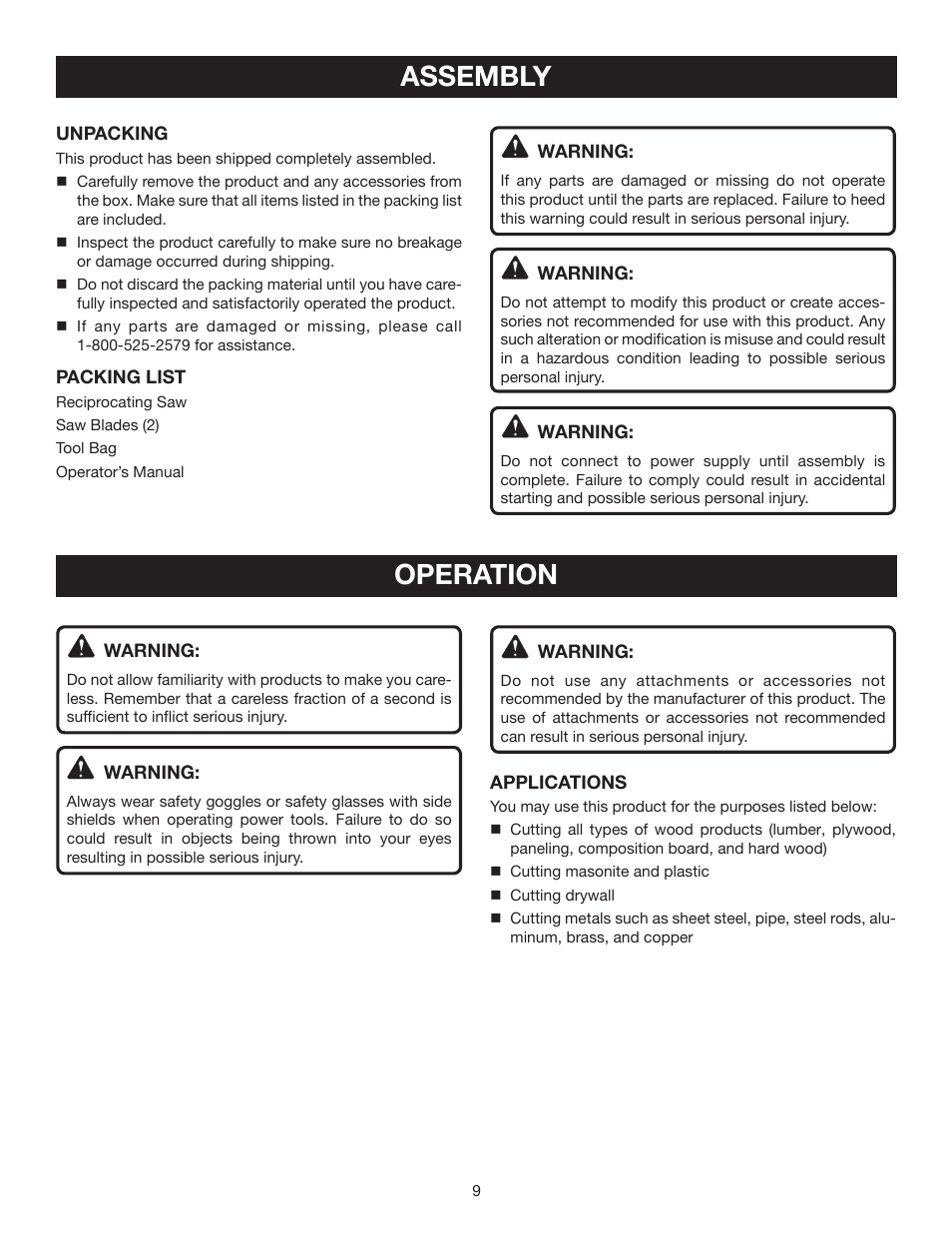 Assembly, Operation | Ryobi RJ165V User Manual | Page 9 / 14