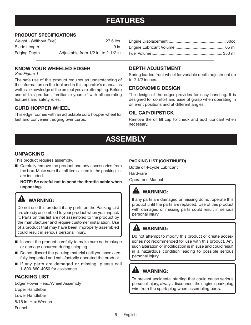 Features, Assembly | Ryobi RY13050 User Manual | Page 10 / 52