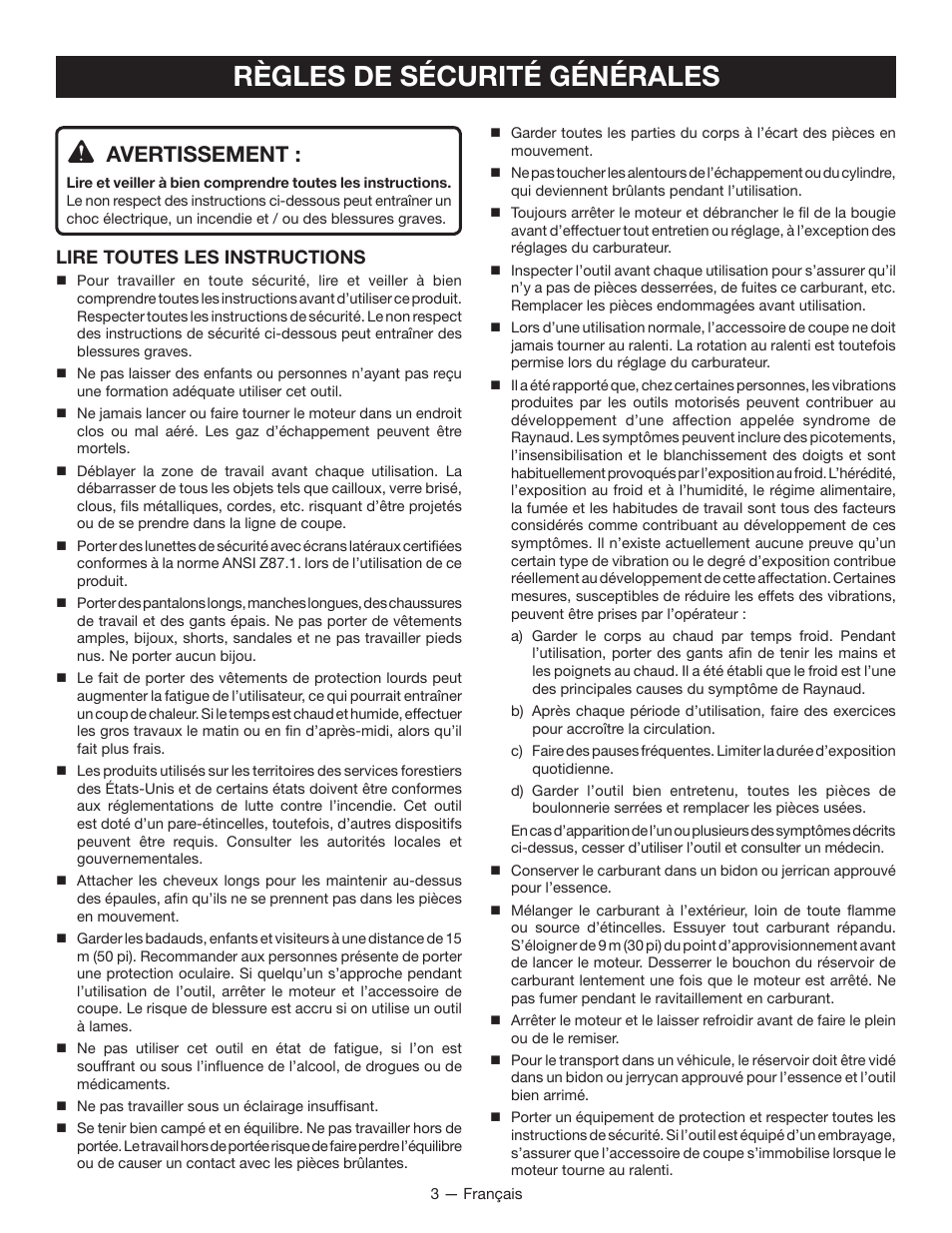 Règles de sécurité générales, Avertissement, Lire toutes les instructions | Ryobi RY13050 User Manual | Page 22 / 52