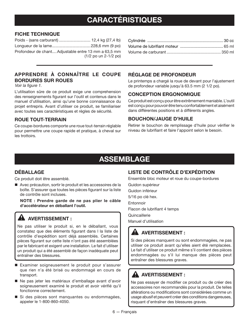 Caractéristiques, Assemblage | Ryobi RY13050 User Manual | Page 25 / 52