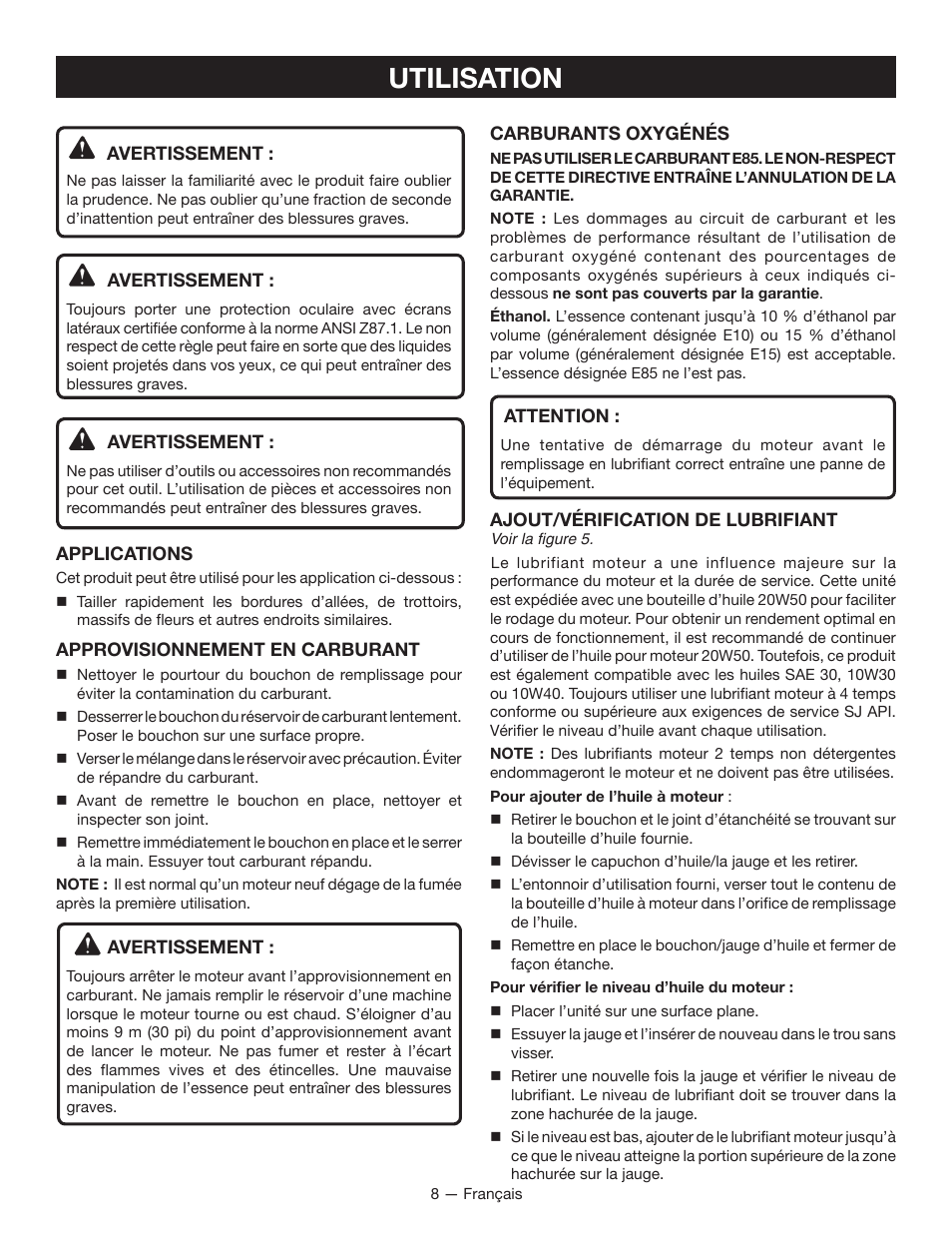 Utilisation | Ryobi RY13050 User Manual | Page 27 / 52