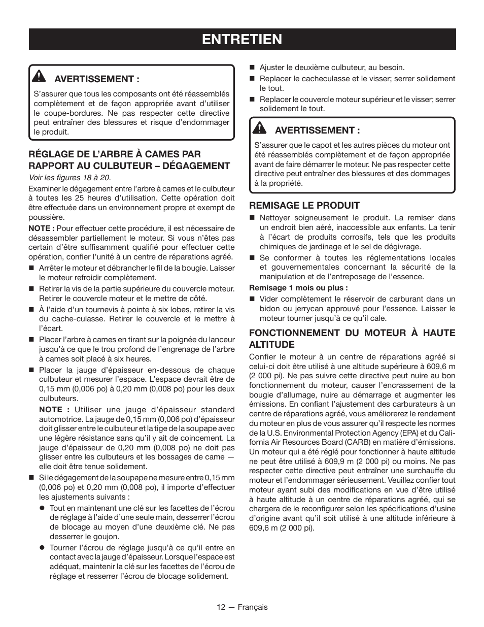 Entretien | Ryobi RY13050 User Manual | Page 31 / 52