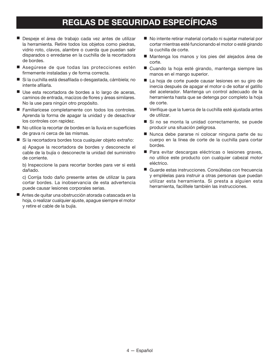 Reglas de seguridad específicas | Ryobi RY13050 User Manual | Page 38 / 52