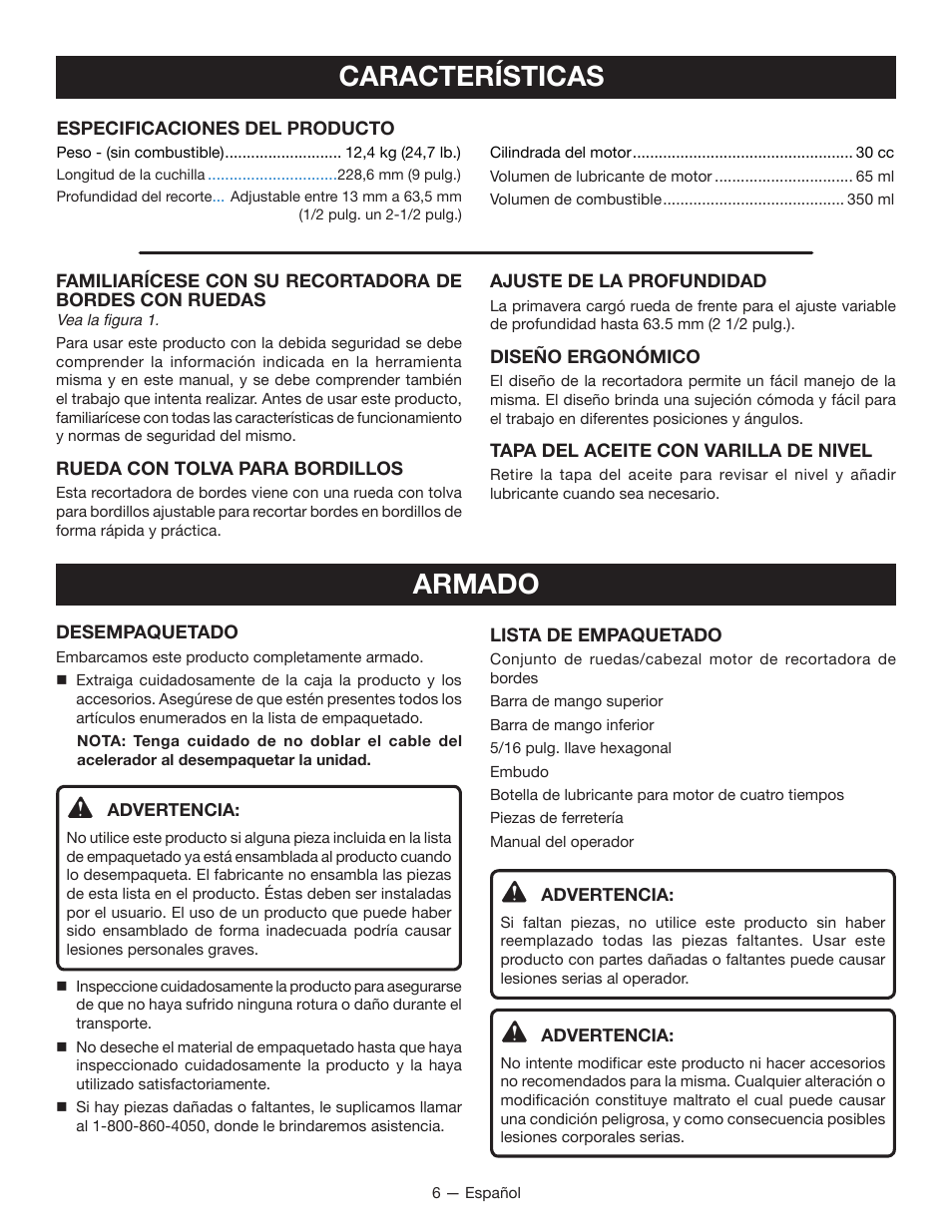 Características, Armado | Ryobi RY13050 User Manual | Page 40 / 52