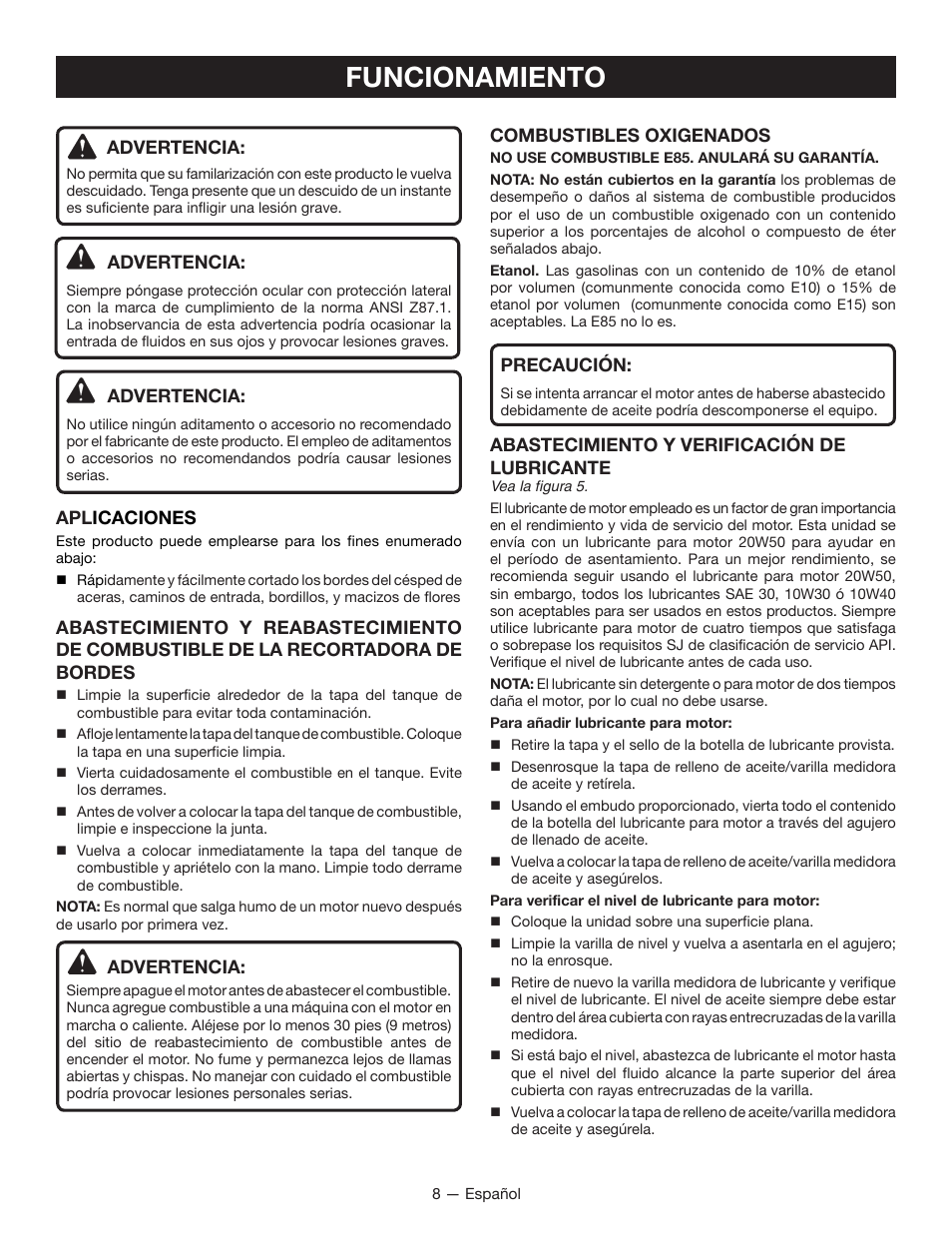 Funcionamiento, Advertencia, Apl icaciones | Combustibles oxigenados, Precaución, Abastecimiento y verificación de lubricante | Ryobi RY13050 User Manual | Page 42 / 52