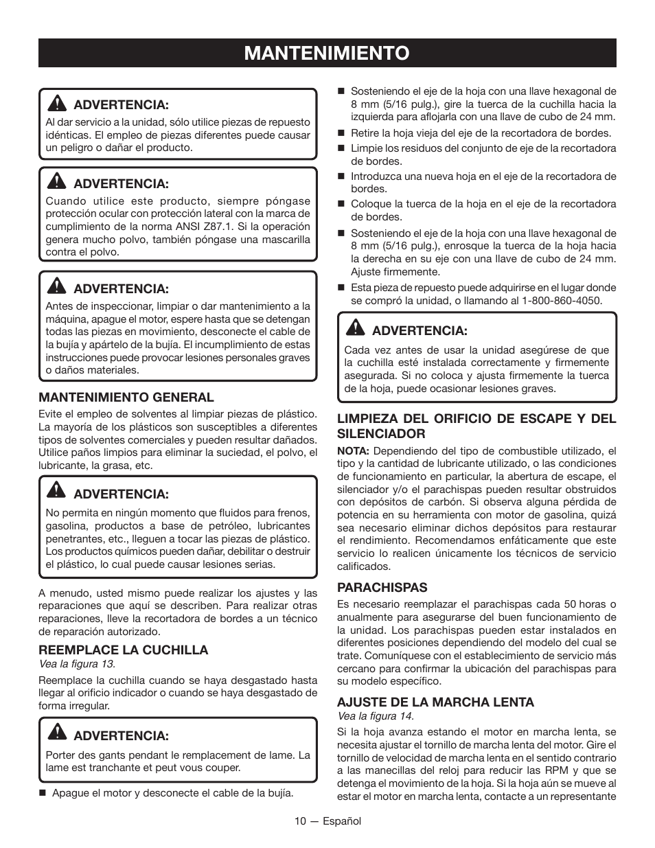 Mantenimiento | Ryobi RY13050 User Manual | Page 44 / 52