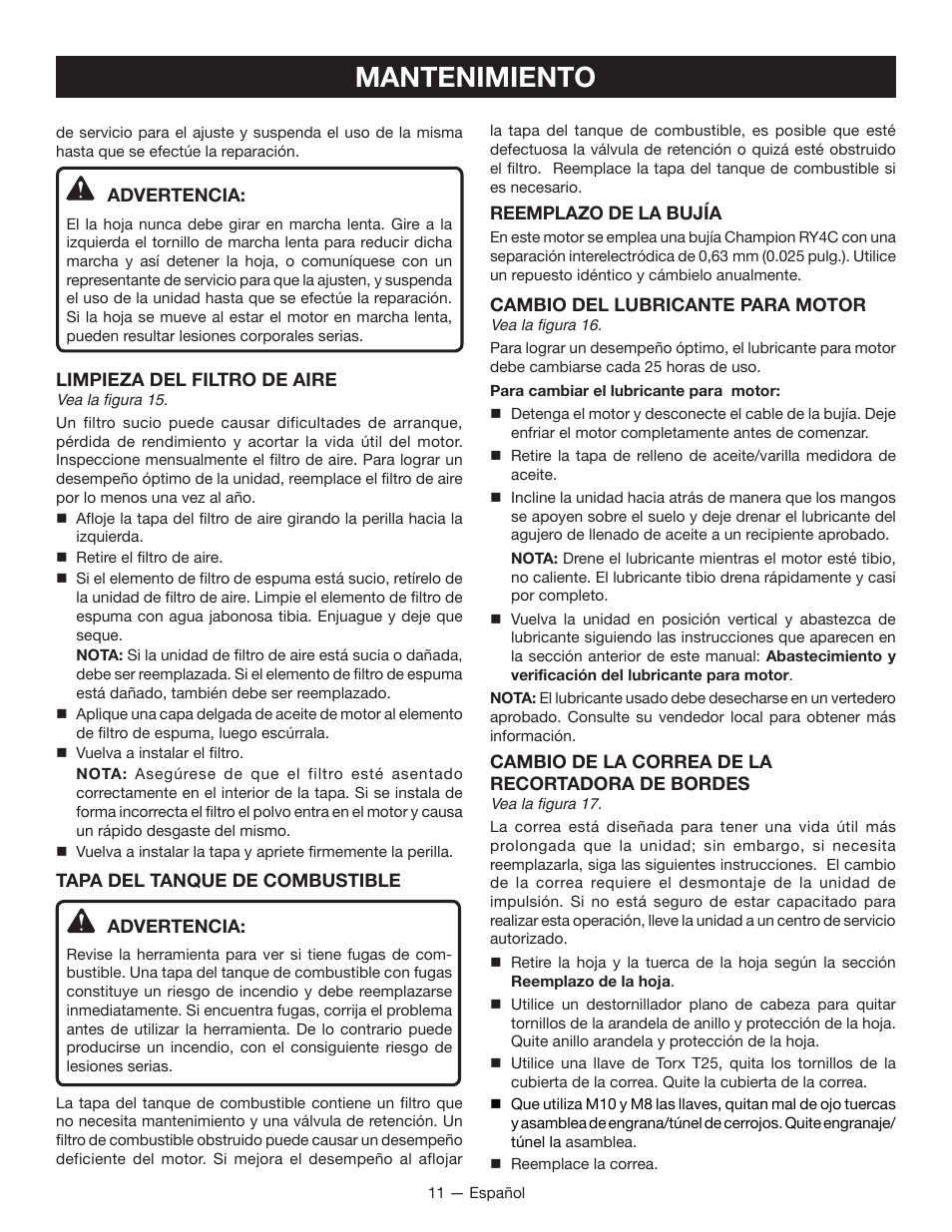 Mantenimiento | Ryobi RY13050 User Manual | Page 45 / 52