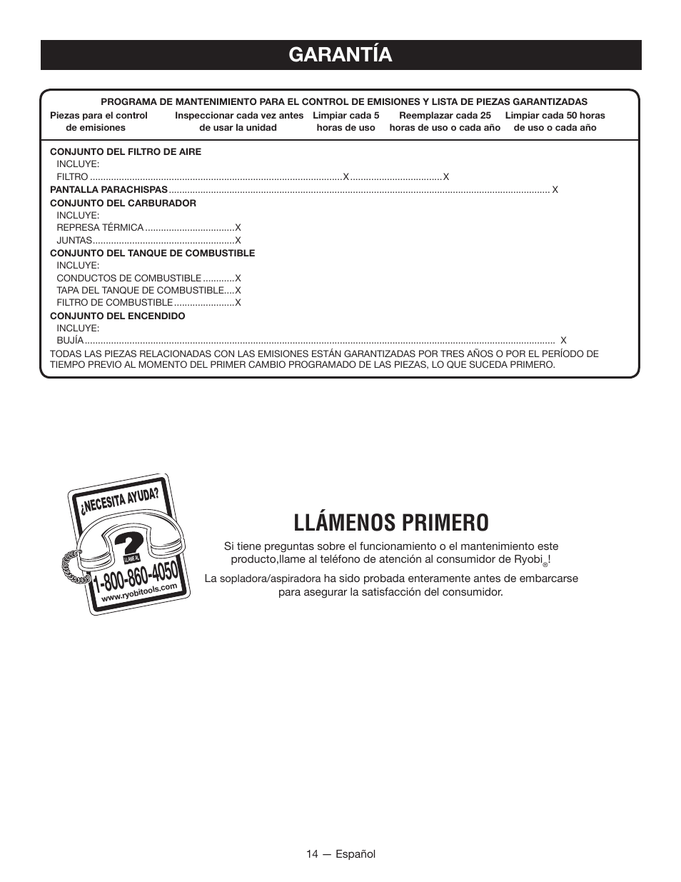 Llámenos primero, Garantía, Necesita a yuda | Ryobi RY13050 User Manual | Page 48 / 52