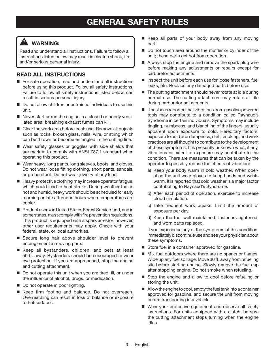 General safety rules | Ryobi RY13050 User Manual | Page 7 / 52