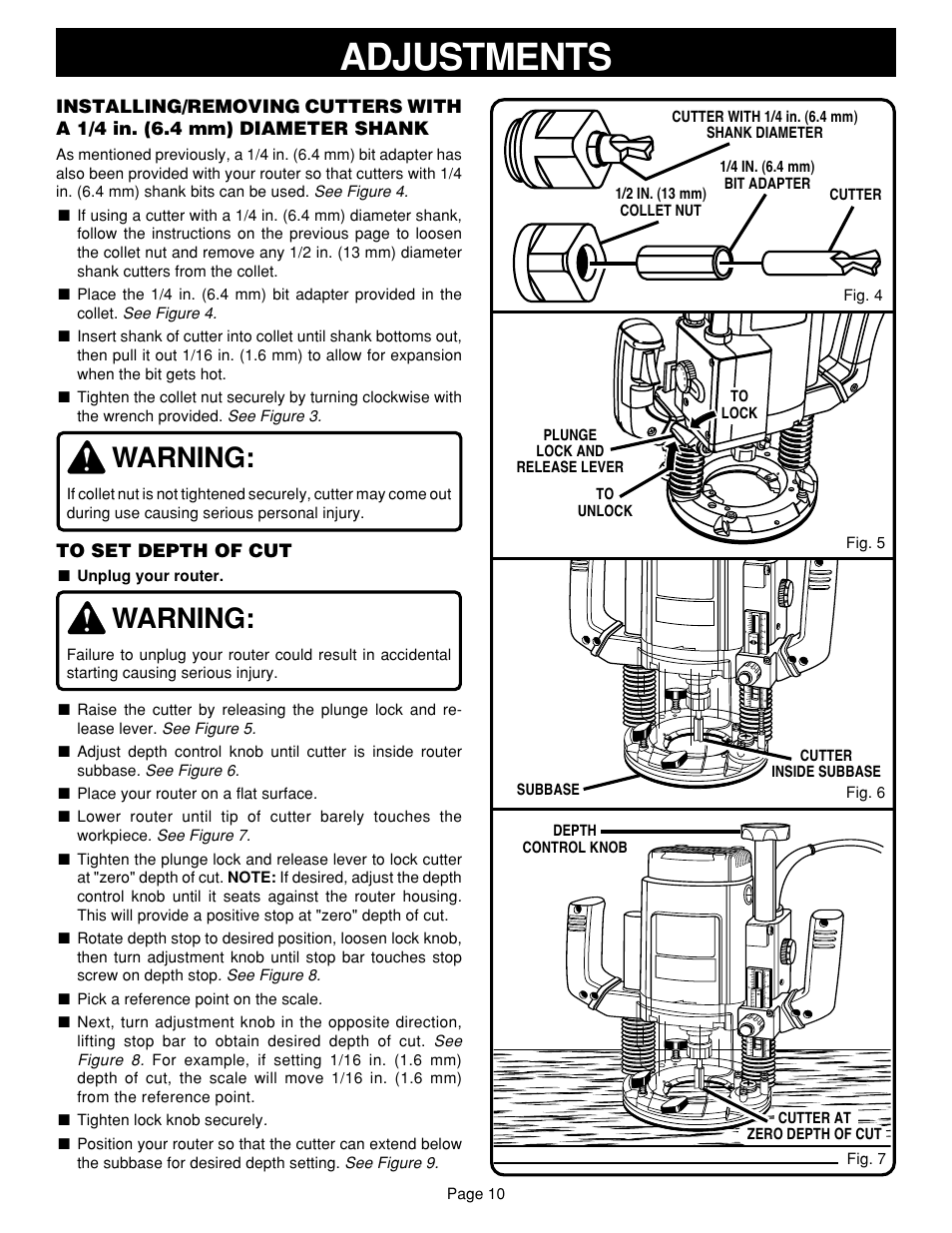 Adjustments, Warning | Ryobi RE601 User Manual | Page 10 / 24