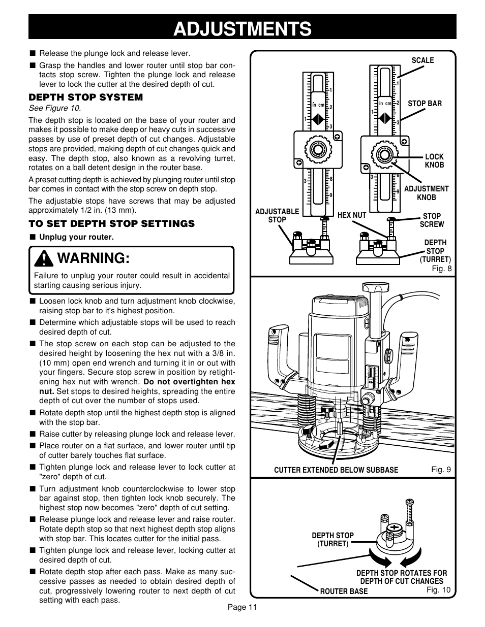 Adjustments, Warning, Depth stop system | Ryobi RE601 User Manual | Page 11 / 24