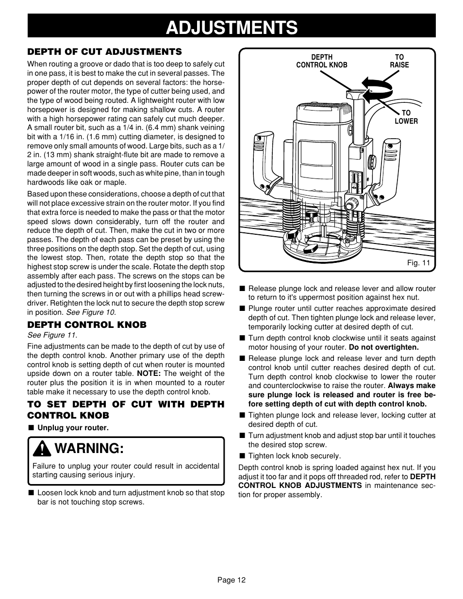 Adjustments, Warning, Depth of cut adjustments | Depth control knob | Ryobi RE601 User Manual | Page 12 / 24