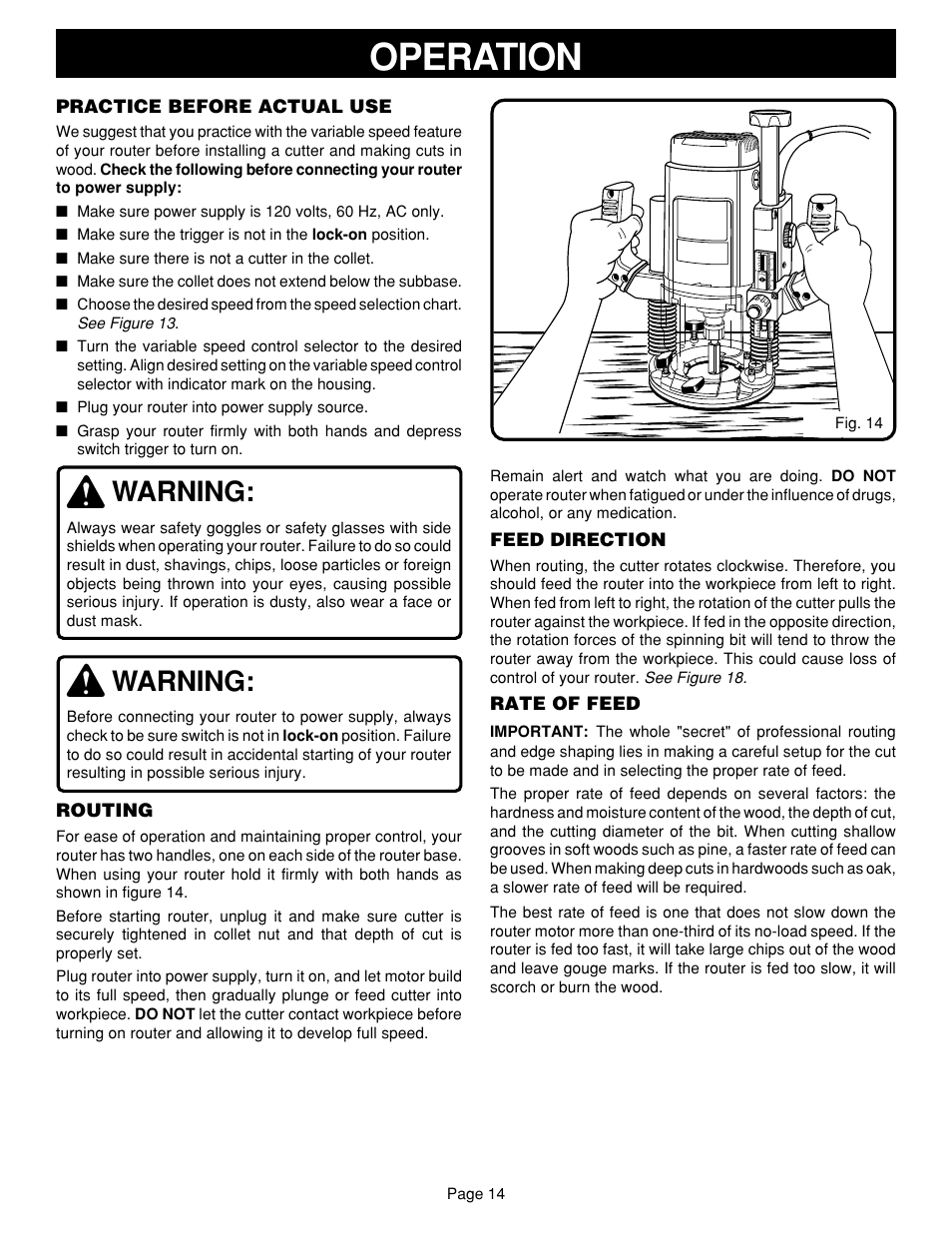 Operation, Warning, Practice before actual use | Routing, Feed direction, Rate of feed | Ryobi RE601 User Manual | Page 14 / 24