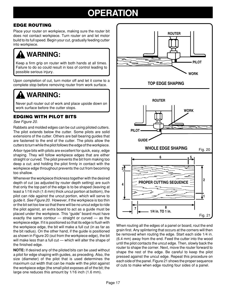 Operation, Warning | Ryobi RE601 User Manual | Page 17 / 24