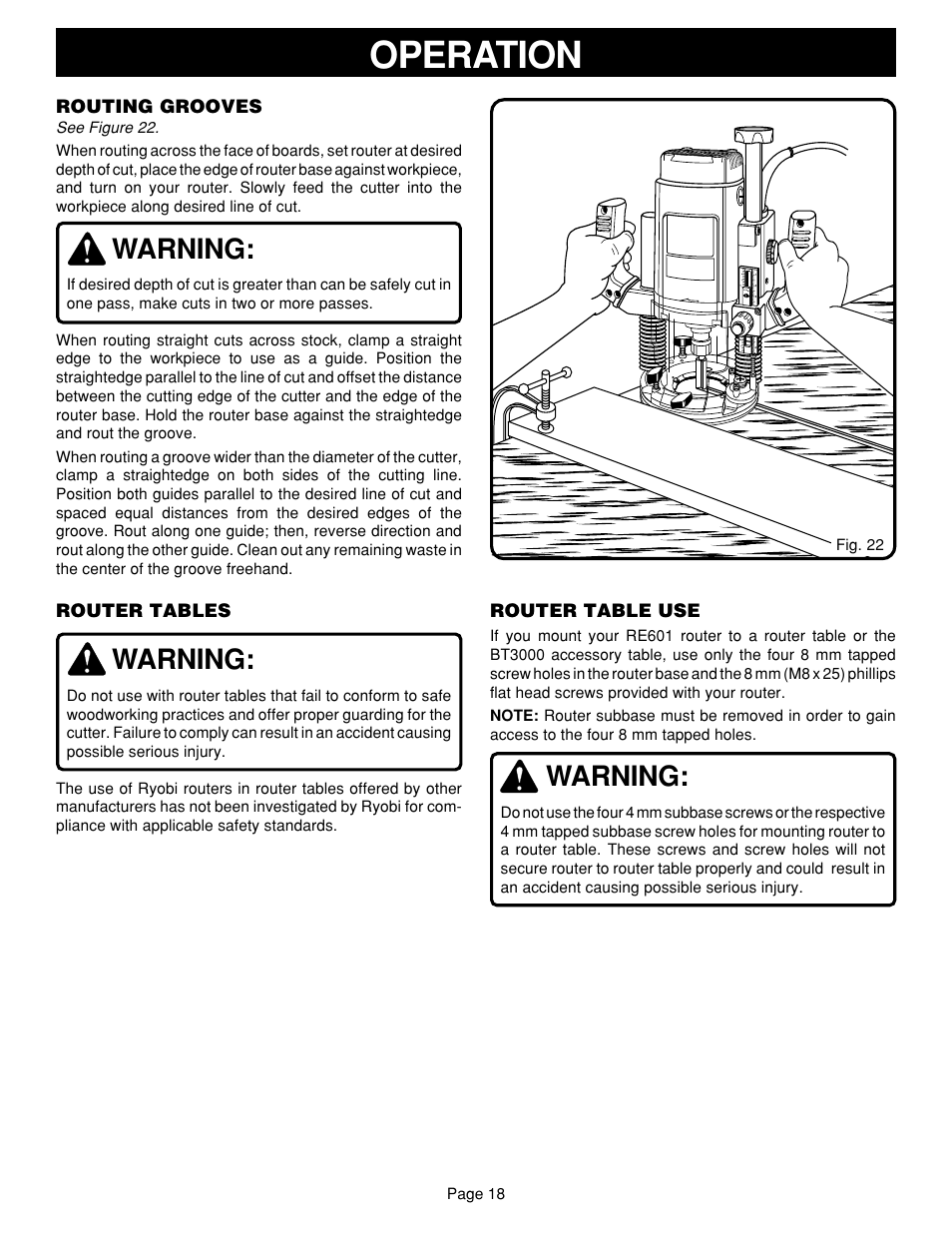 Operation, Warning, Routing grooves | Router tables, Router table use | Ryobi RE601 User Manual | Page 18 / 24