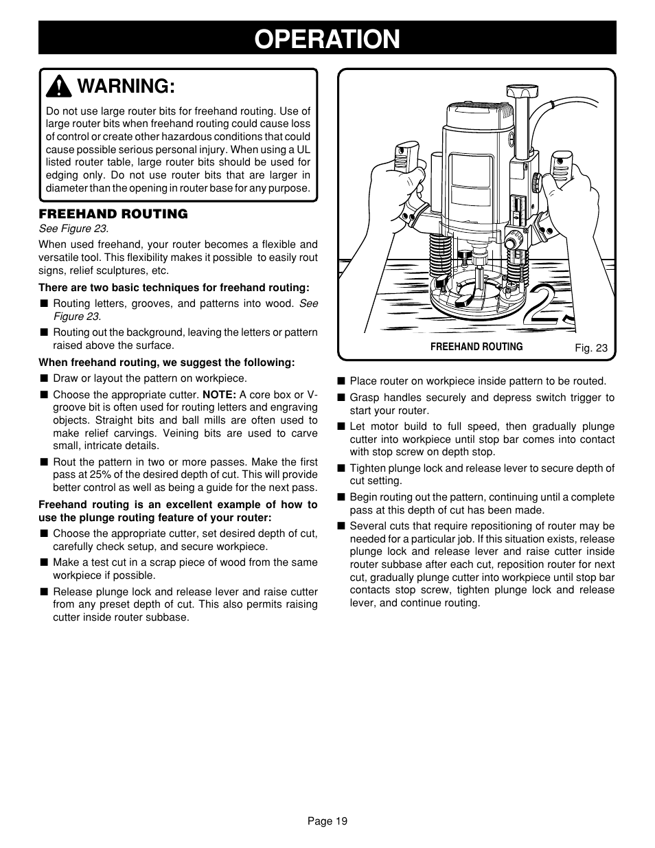 Operation, Warning, Freehand routing | Ryobi RE601 User Manual | Page 19 / 24