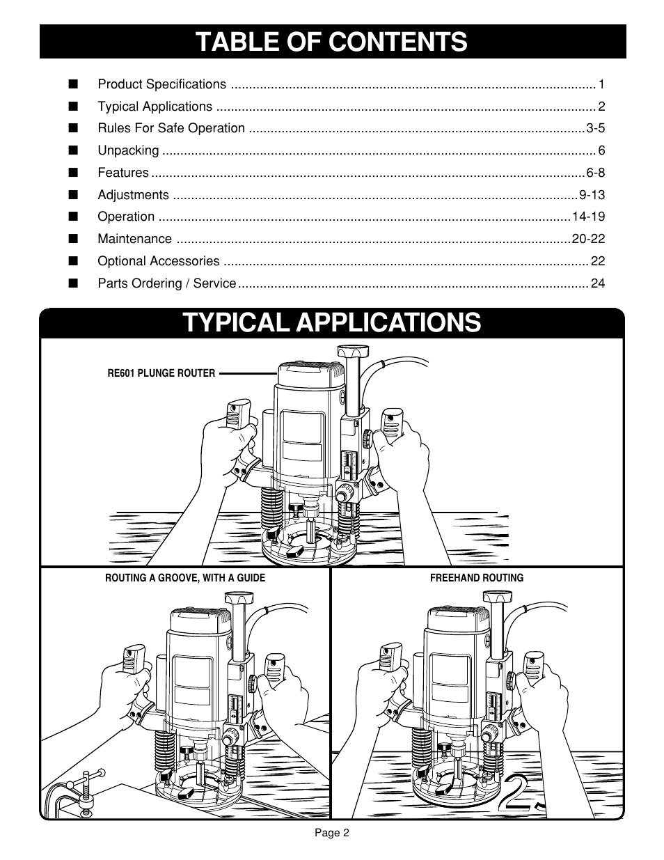 Table of contents typical applications | Ryobi RE601 User Manual | Page 2 / 24