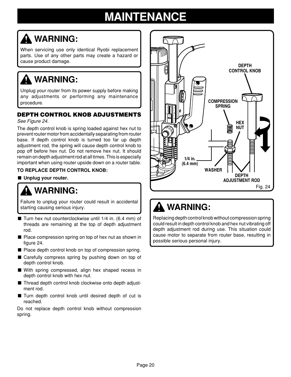 Maintenance, Warning | Ryobi RE601 User Manual | Page 20 / 24