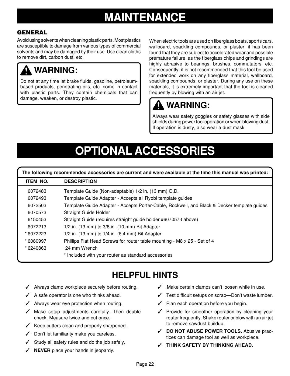 Maintenance, Optional accessories, Warning | Helpful hints | Ryobi RE601 User Manual | Page 22 / 24