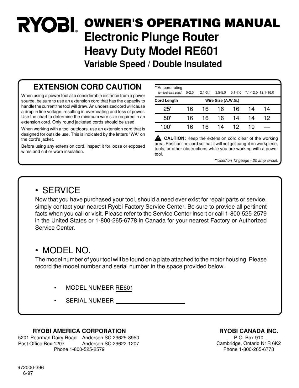 Service, Model no, Variable speed / double insulated | Extension cord caution | Ryobi RE601 User Manual | Page 24 / 24