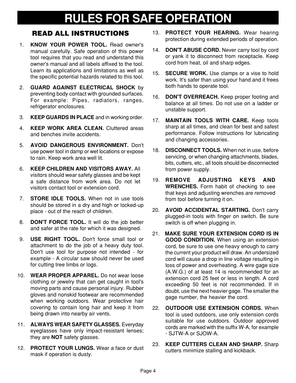 Rules for safe operation, Read all instructions | Ryobi RE601 User Manual | Page 4 / 24