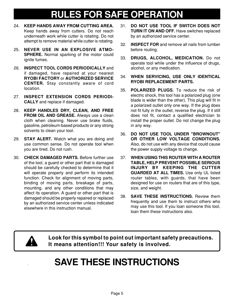 Save these instructions rules for safe operation | Ryobi RE601 User Manual | Page 5 / 24